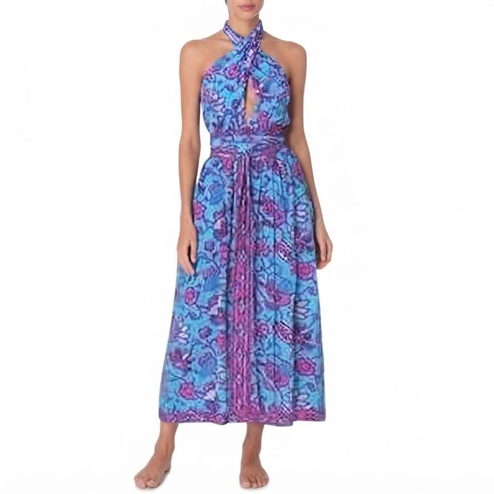 Caroline Constas Smocked Turquoise Floral Print Halter Maxi Dress Sz M